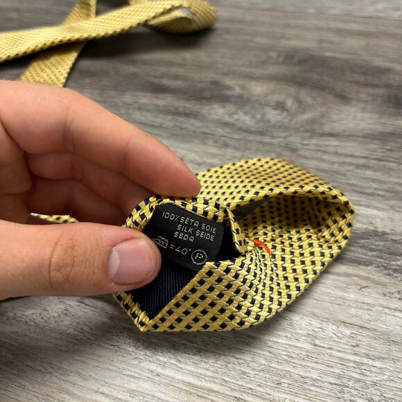 Ermenegildo Zegna Yellow Men 58" Basketweave Geometric Check Silk Italy Made Tie - Picture 6 of 8